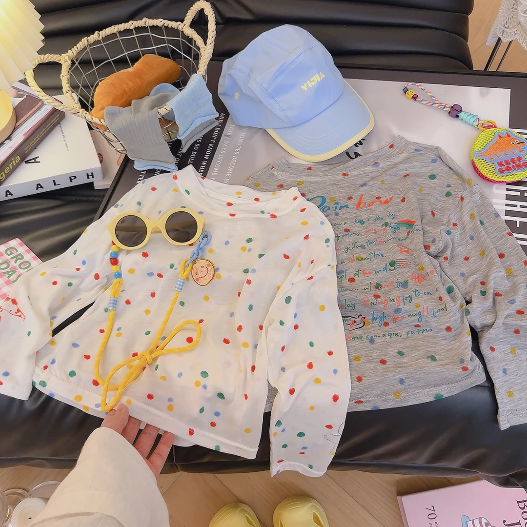 清薄凉感多巴胺彩色波点圆领长袖T恤女童2025夏新款防晒罩衫上衣