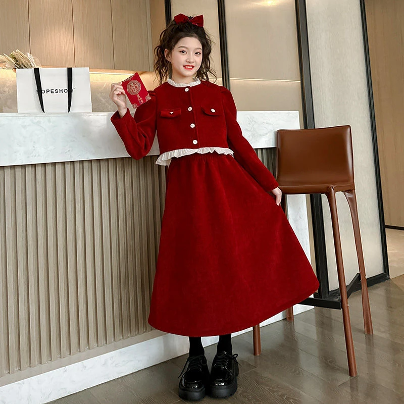 女童小香风套装裙子秋冬中大儿童加厚洋气时髦红色新年装拜年衣服