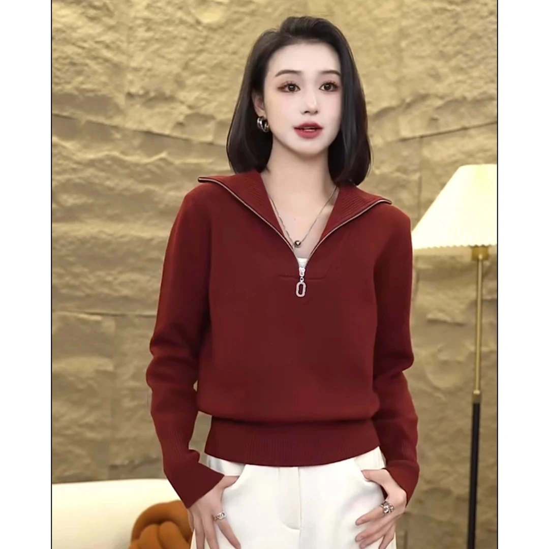 欧货2024冬季新款翻领半拉链针织衫上衣女套头内搭抗起球毛衣潮流