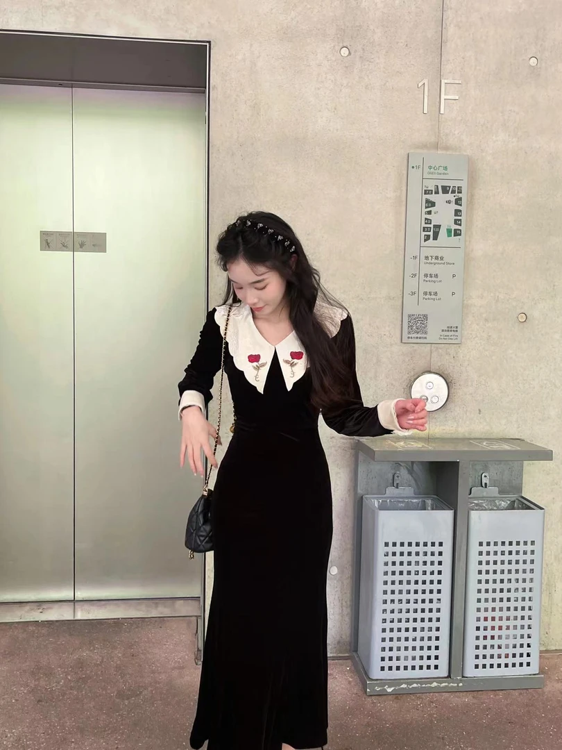 【石潇潇专属】  法式复古赫本风黑色丝绒长款连衣裙女秋冬新款