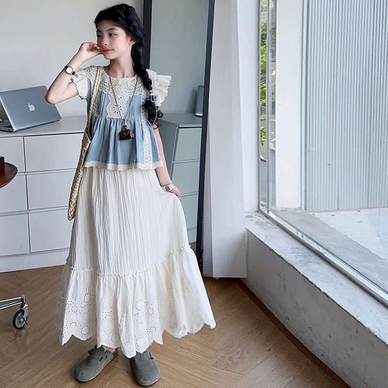 女童夏季花边短袖套装2025中大童夏装半身裙短袖上衣连衣裙两件套