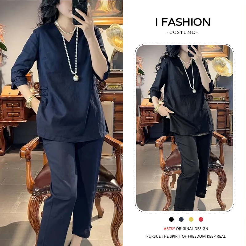 2025夏季新款减龄气质显瘦套装女中式国风设计感上衣九分裤两件套