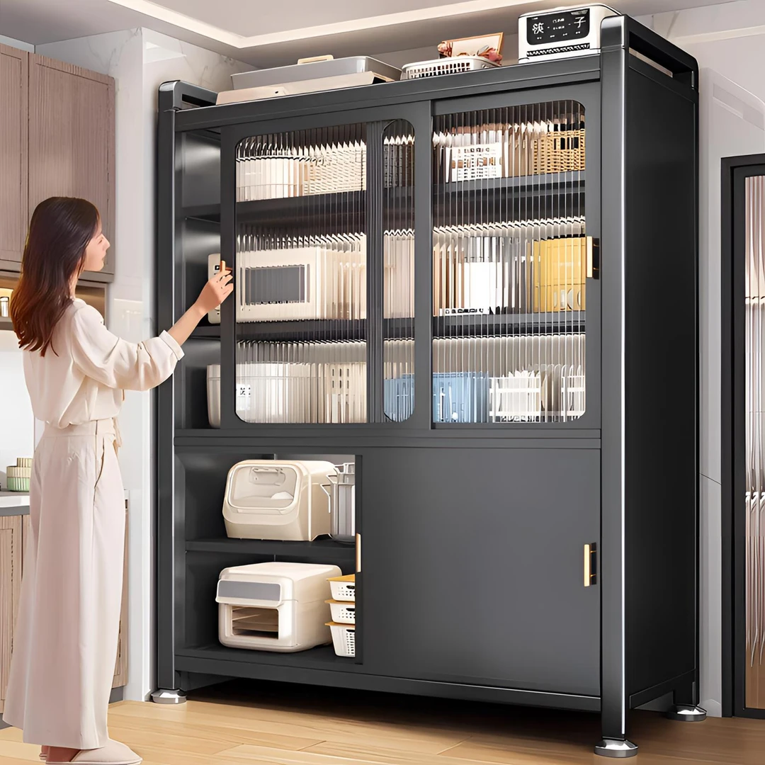 新款厨房置物架子家用推拉门锅具收纳柜落地多层多功能橱柜储物柜