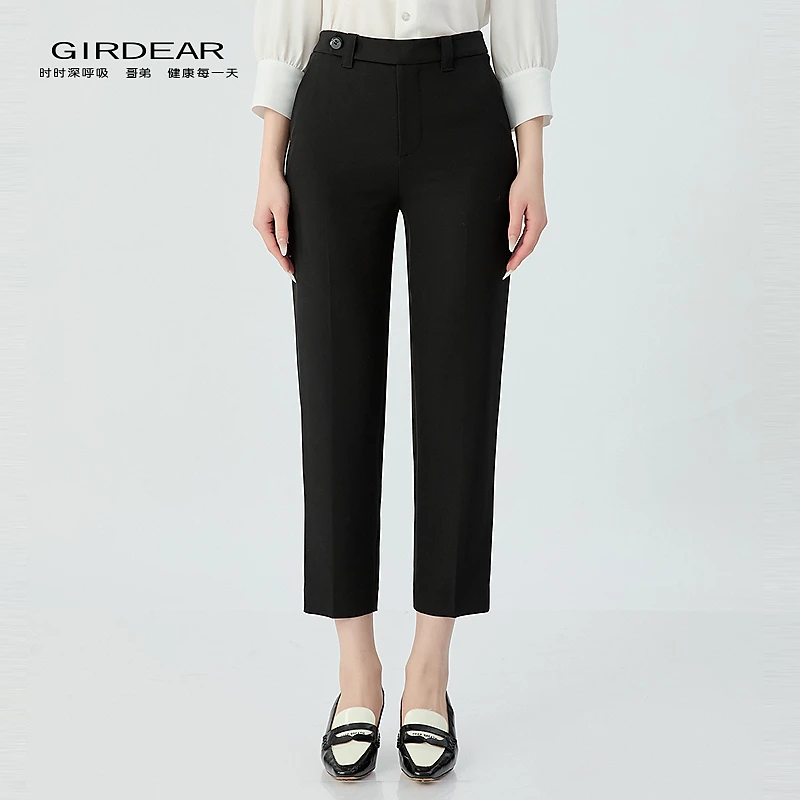 哥弟  品质女装经典时尚舒适通勤中高腰百搭侧扣直腿烟管裤110013