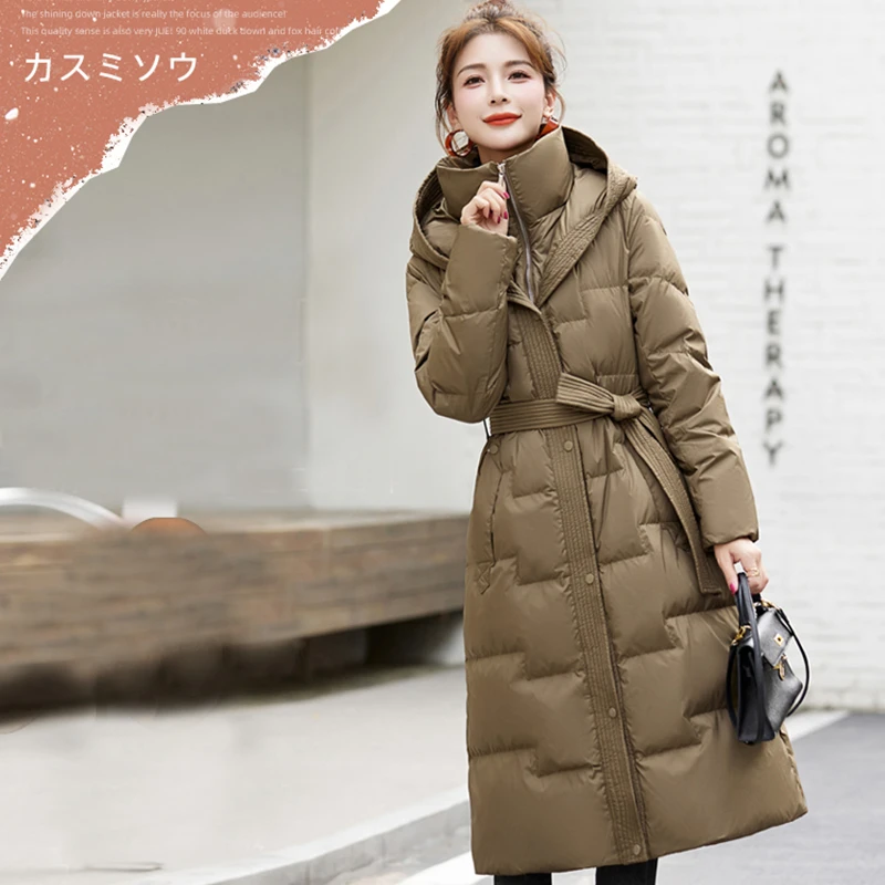 哥家阿玛家2025秋冬新款韩版时尚中长收腰过膝连帽加厚保暖外套