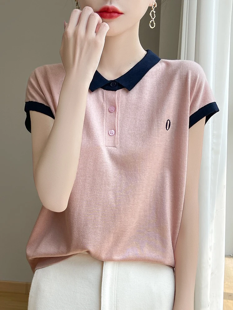 新款翻领针织衫短袖t恤上衣显瘦polo衫刺绣简约气质简约半袖体恤