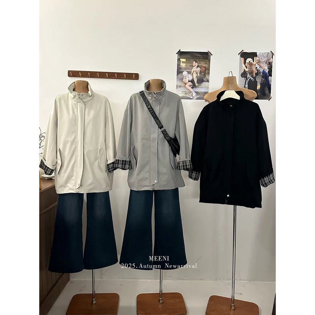 MEENI@1247 韩系高级立领撞色风衣外套 9-26