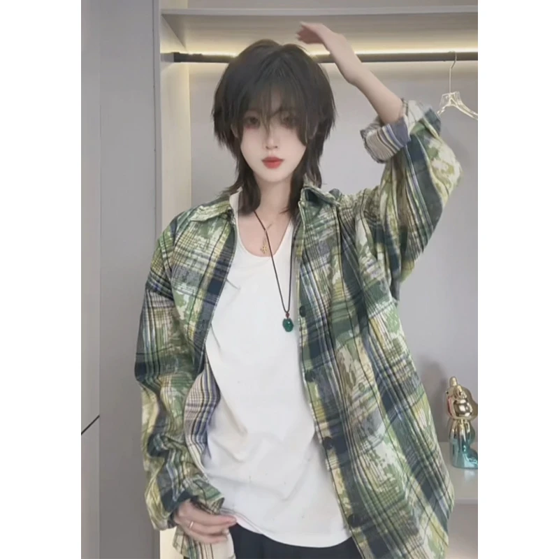 扎染绿色格子衬衫男女同款春秋季格纹长袖衬衣设计感美式情侣外套