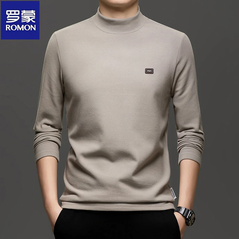 罗蒙秋冬新款德绒纯色卫衣半高领男士打底衫保暖内搭T恤休闲上衣