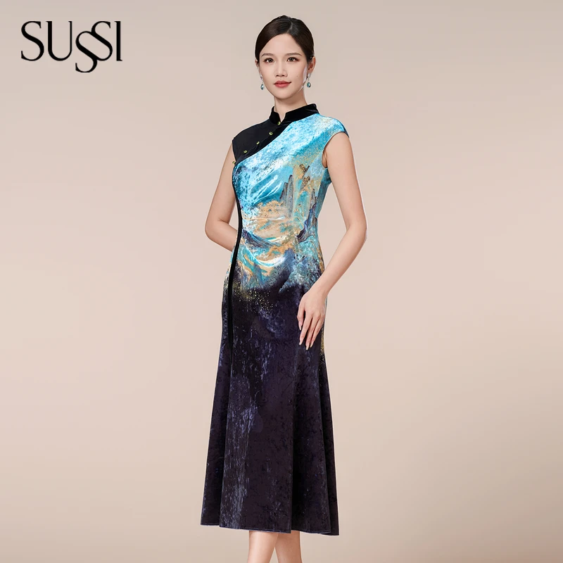 SUSSI/古色秋冬季新品商场同款黑色中式高级印花鱼尾连衣裙女装