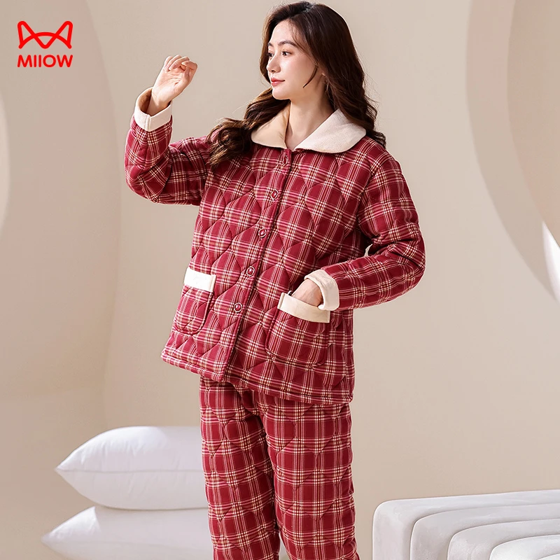 MiiOW/猫人红色格子冬款女士厚款睡衣加厚夹棉可外穿大码家居服