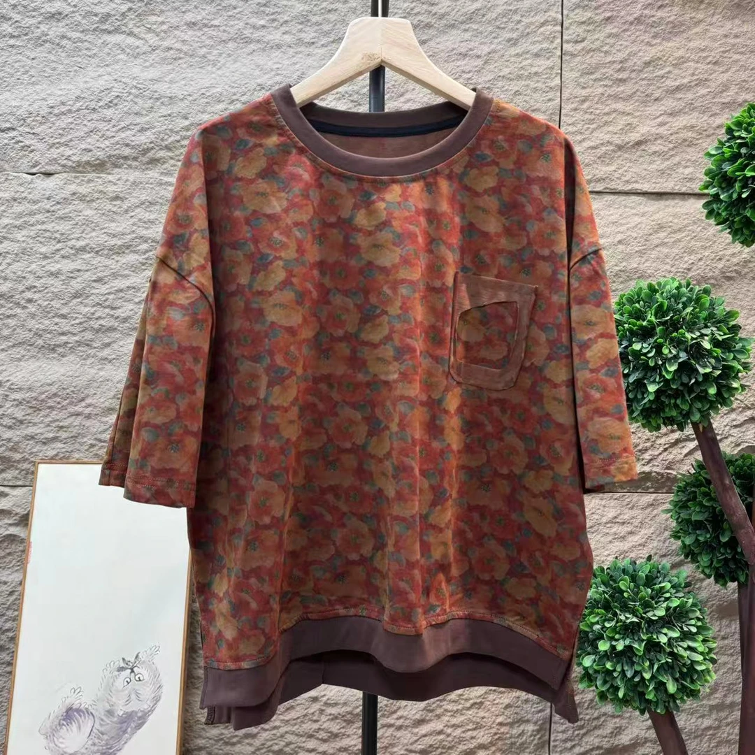 13194新款夏季文艺复古宽松圆领套头碎花短袖T恤