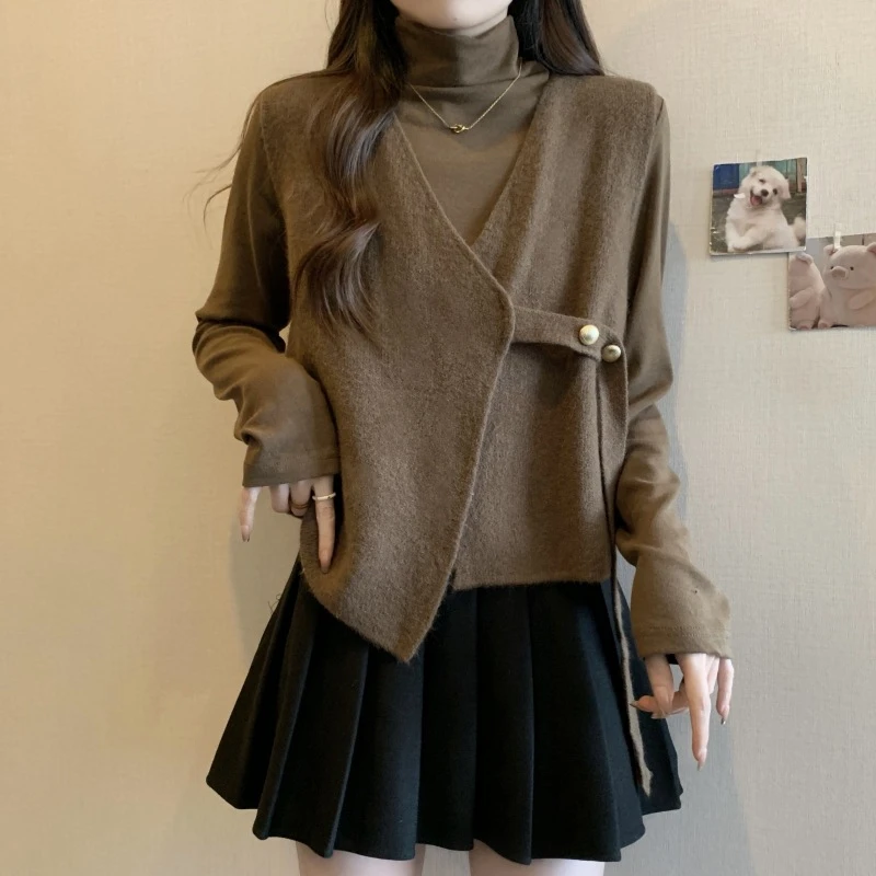 美拉德套装女春秋大码胖妹妹显瘦半高领打底衫上衣针织马甲两件套