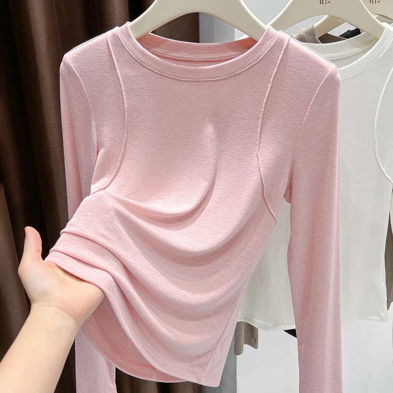 粉色薄款时尚圆领修身长袖针织内搭女秋季新款纯色百搭精致上衣爆