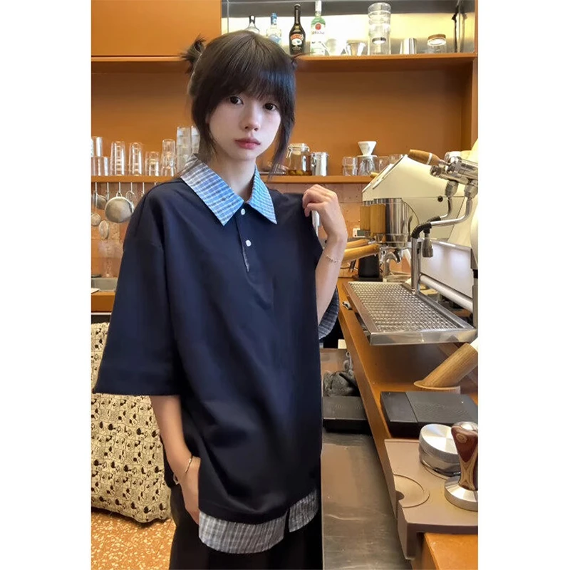 707专藏青色短袖polo领男款假两件格子拼接夏季美式情侣半袖t恤