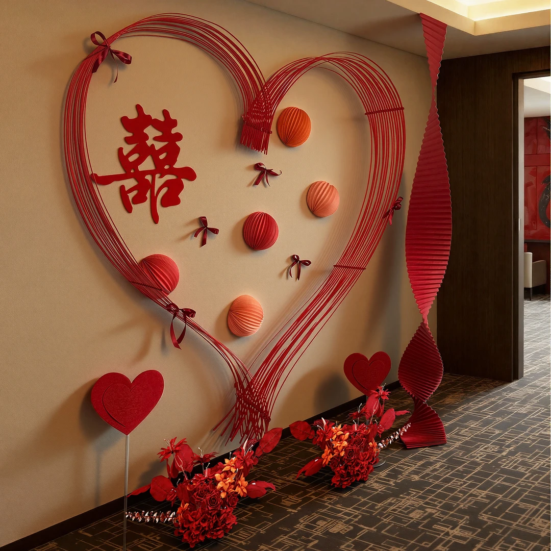 婚房布置装饰套装酒店晨袍背景墙竹编爱心女方出嫁卧室客厅婚庆品