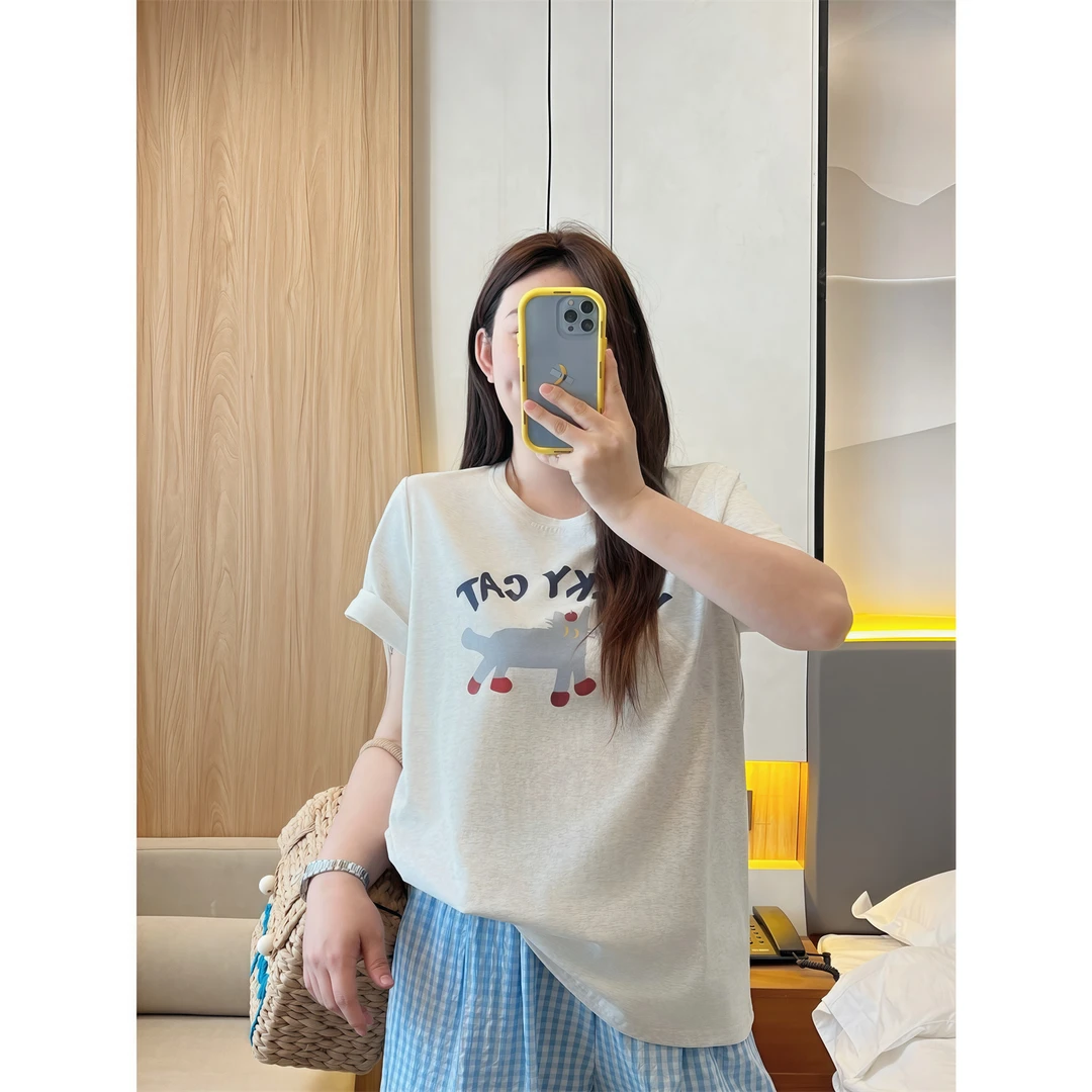 野棉桃 / 韩系卡通小猫印花T恤14981花契大码200斤胖mm气质百搭