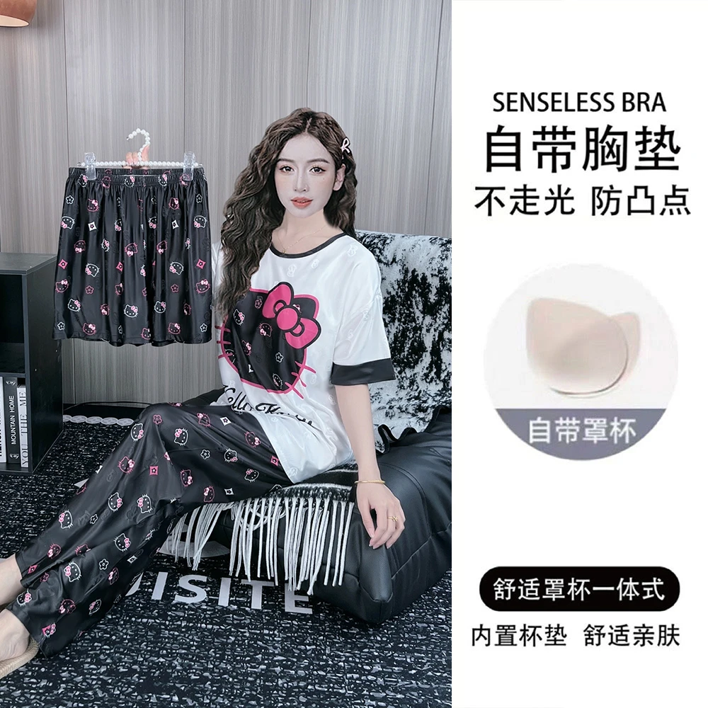 带胸垫夏季提花冰丝睡衣女短袖薄款三件套宽松卡通家居服套装夏天