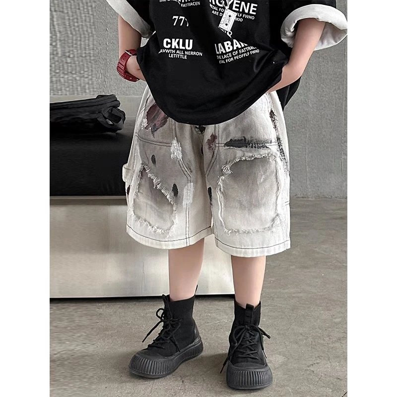 451 潮版宽版男童涂鸦牛仔中裤