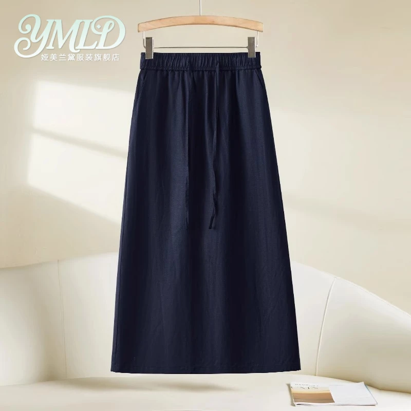高端藏青色亚麻半身裙女夏季新款2025精致气质系垂坠感a字包臀裙