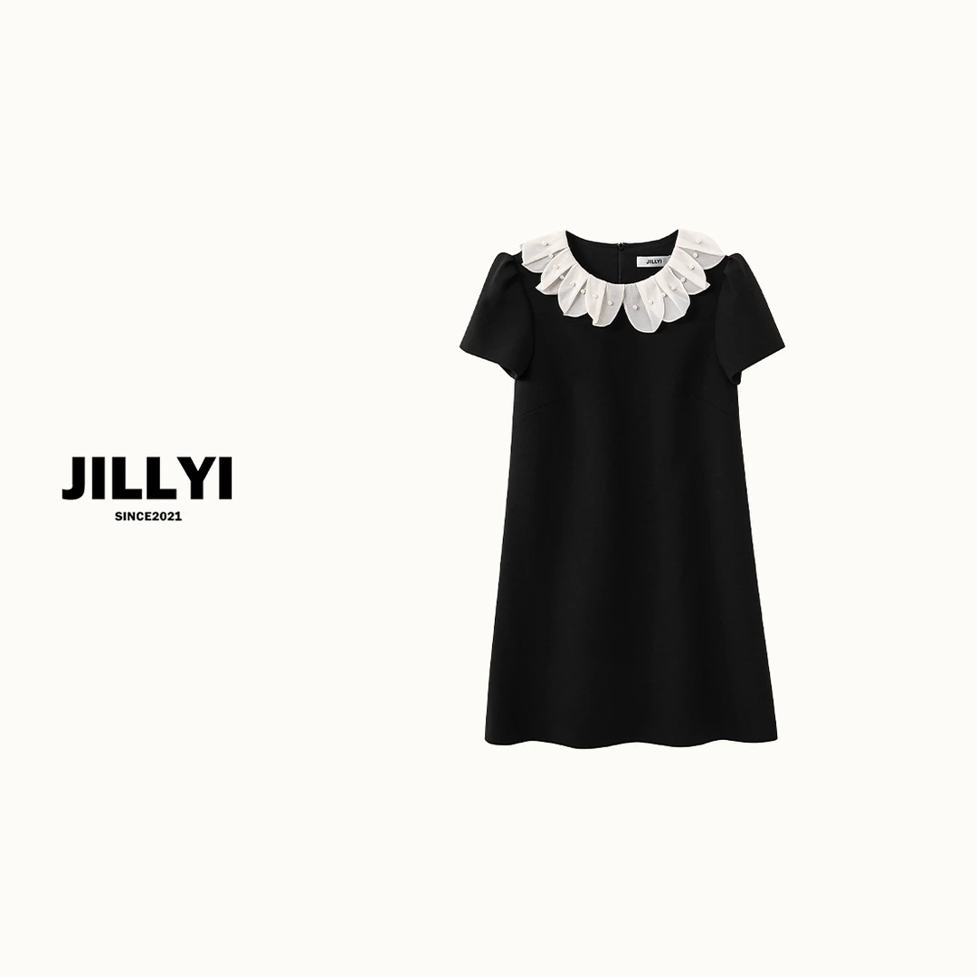 JILLYI【花瓣连衣裙】黑色网纱花瓣领口优雅气质时尚连衣裙