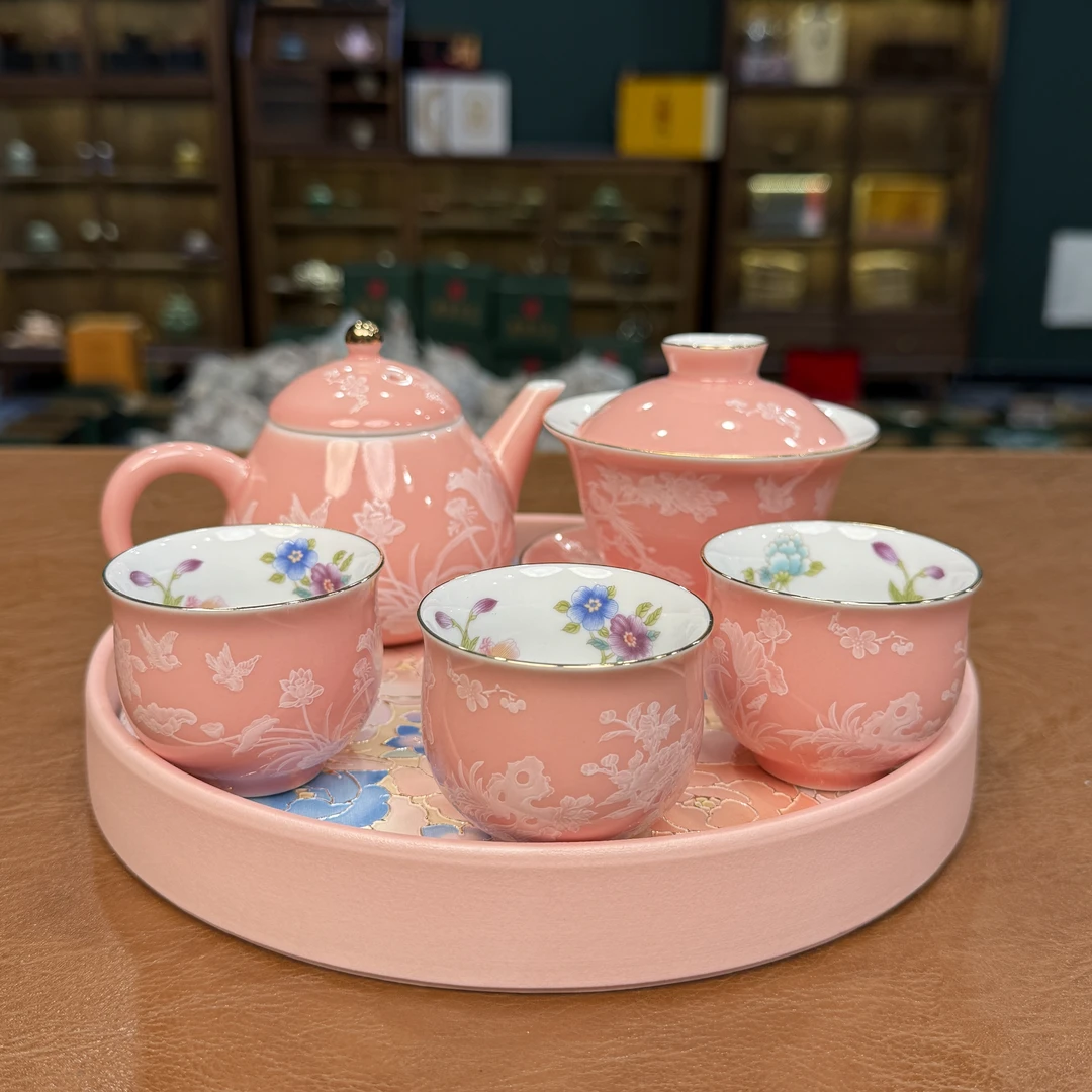 ZH2425-锦上添花茶壶+锦上添花盖碗+3个锦上添花茶杯+珐琅彩茶盘