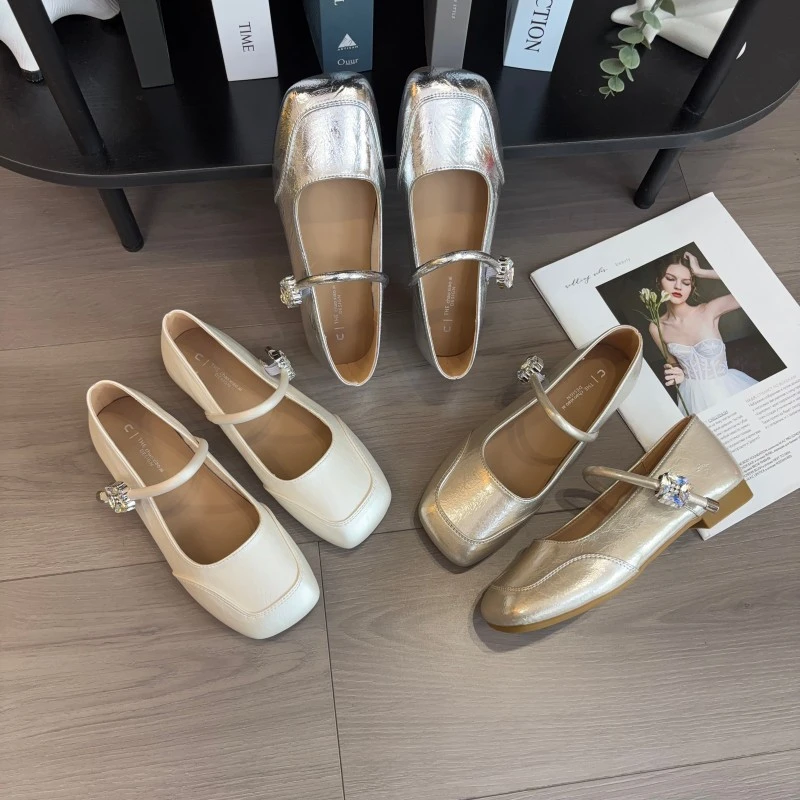 法式水钻通勤单鞋女2025夏季新款百搭浅口方头银色小皮鞋玛丽珍鞋