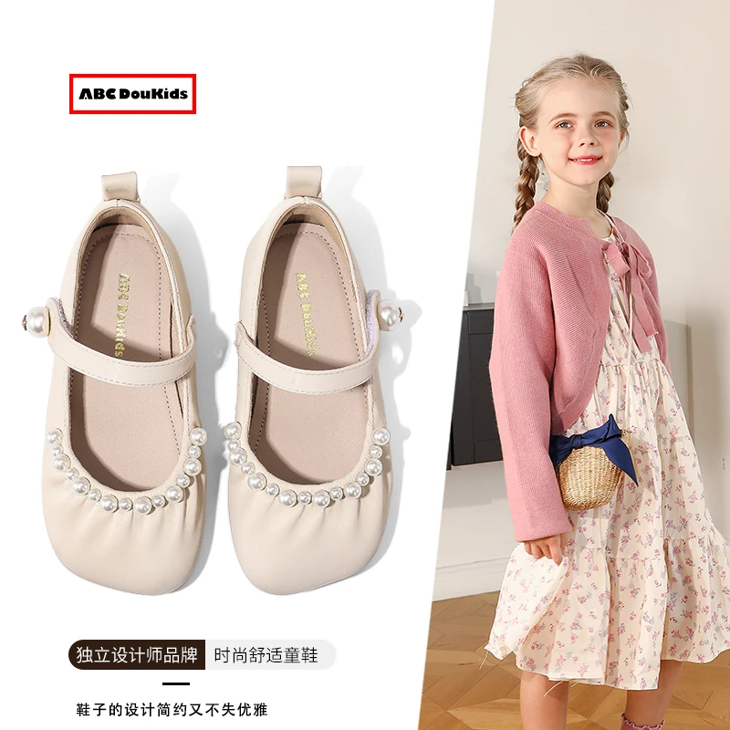 ABC Doukids女童小皮鞋2025新款春季儿童珍珠方头单鞋软底公主鞋