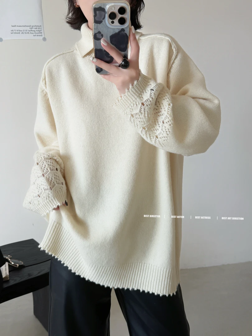 【100%羊毛】设计师款小众法式时尚宽松大版慵懒风针织羊毛衫女