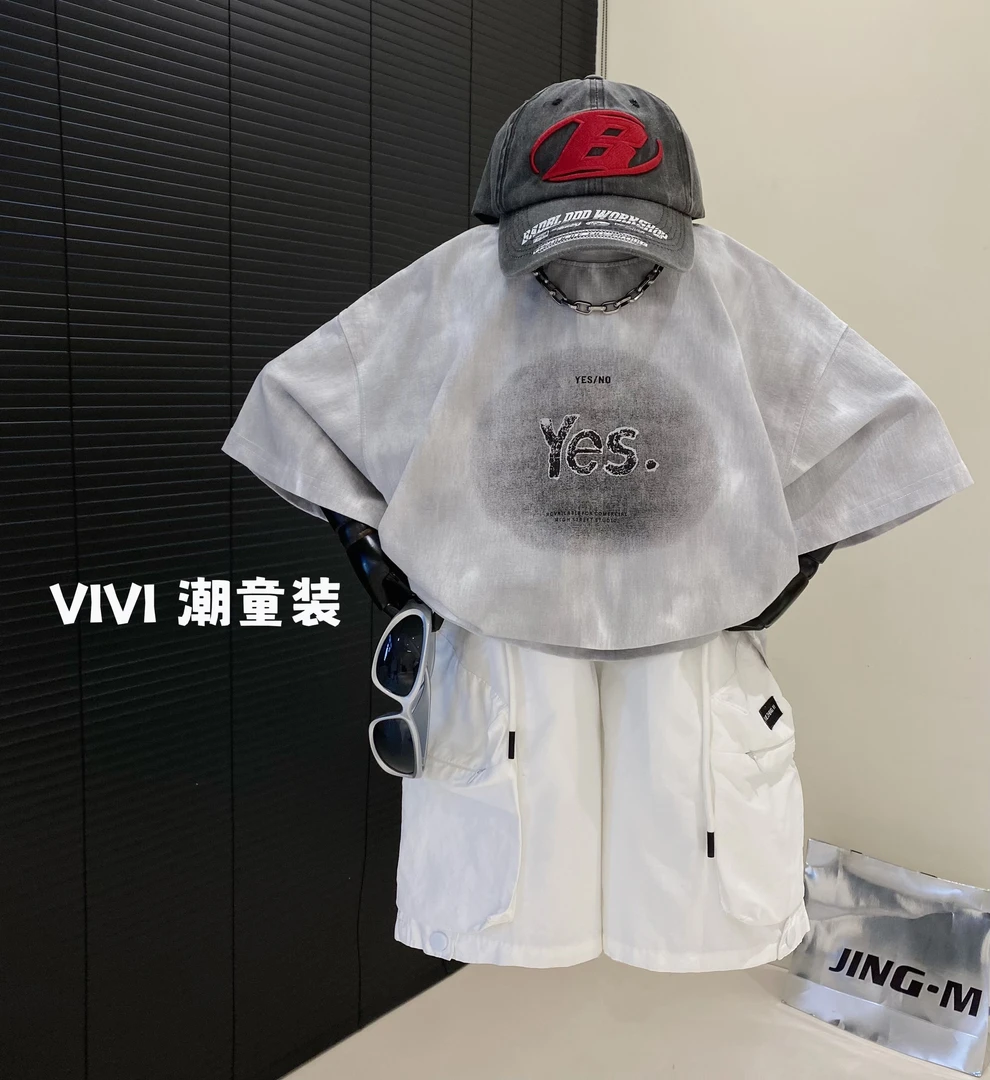 VIVI童装 2025夏季潮牌中大童观影灰扎染涂鸦印花薄短袖T恤