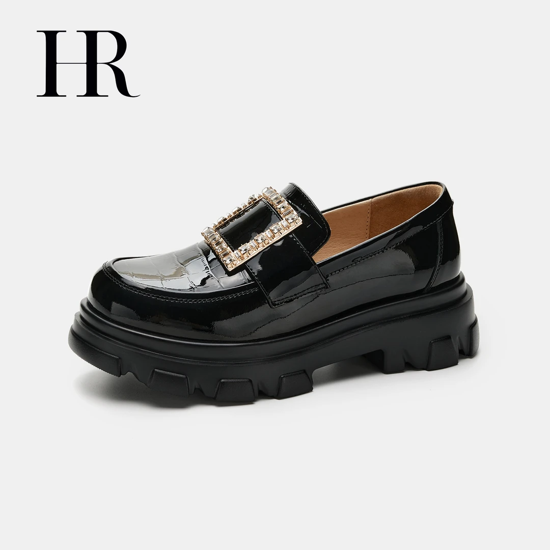 HR/赫莲娜欧货厚底乐福鞋女2025春季新款百搭时尚单鞋黑色小皮鞋