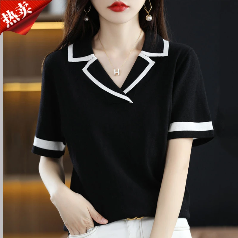 2025新款韩版翻领西装领短袖t恤百搭v领针织衫上衣小衫夏季