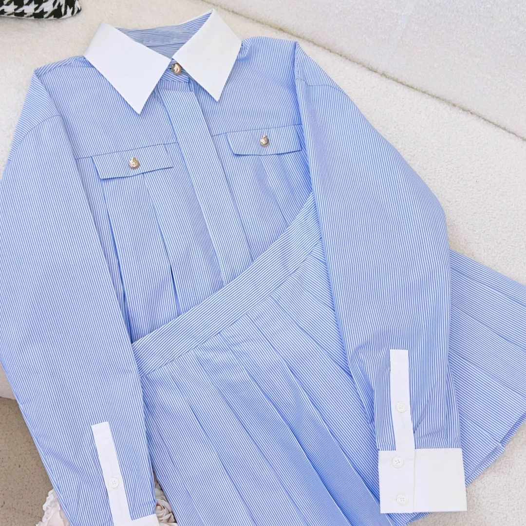 琳心丨夏季新款蓝色时尚休闲条纹长袖衬衫百褶裙套装 0824