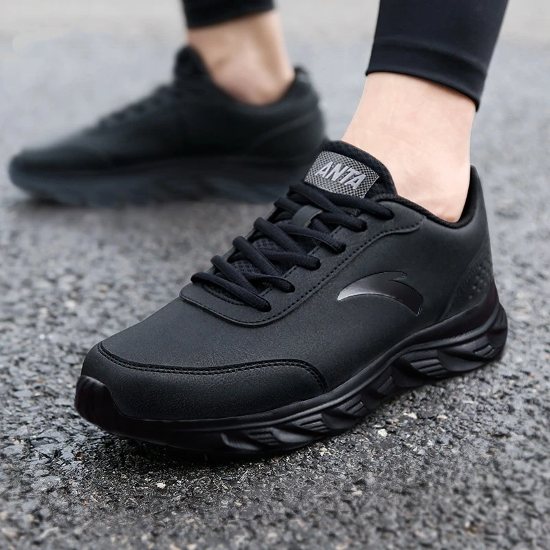 断码安男鞋踏运动鞋2025秋季黑色透气皮面软底轻便男款休闲跑步鞋