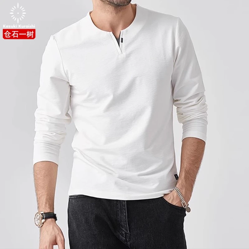 仓石一树2025纯色长袖T恤男秋冬季新款美式休闲打底衫V领长袖T恤