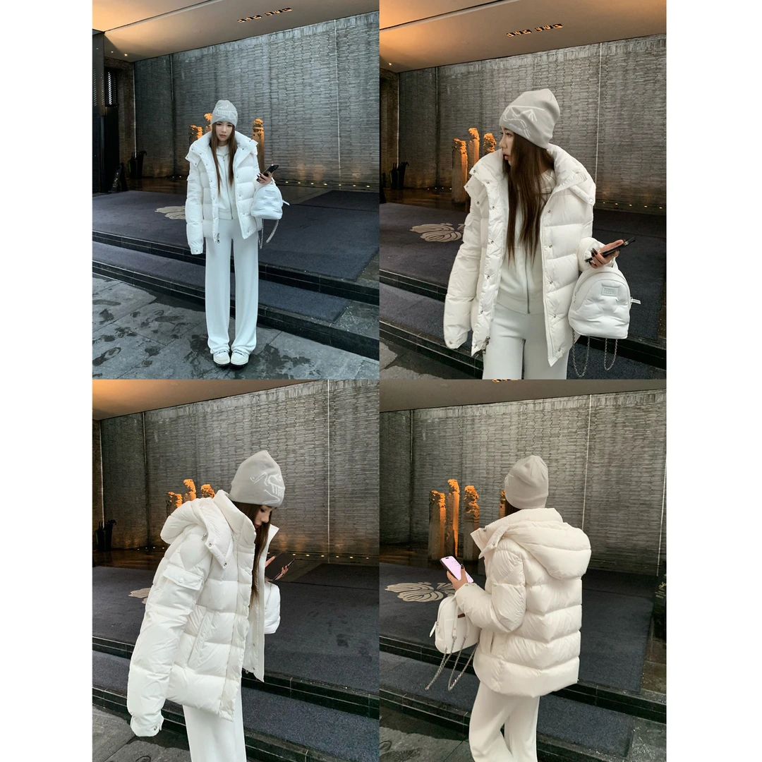 白色连帽白鸭绒羽绒服女2025年冬季新款加厚小个子棉服面包服外套
