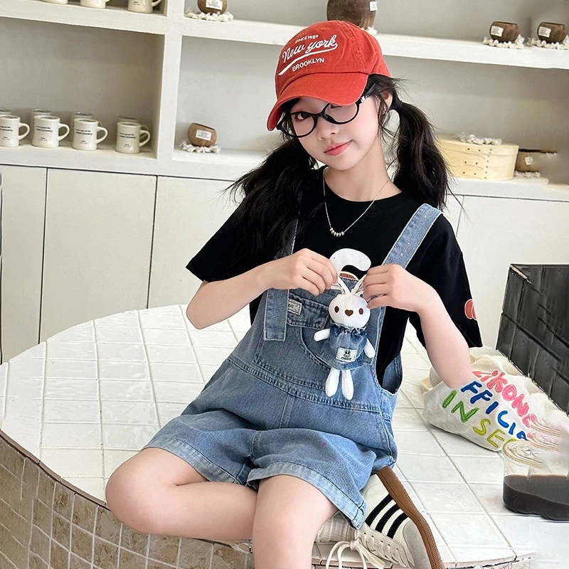 2025夏季新款儿童背带裤时尚可爱女童牛仔短裤套装百搭潮款儿童