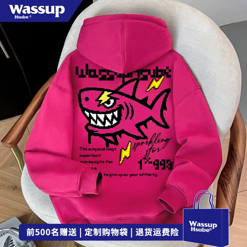 WASSUP HSUBE秋冬季新款火龙果色上衣男复古ins潮牌鲨鱼连帽卫衣