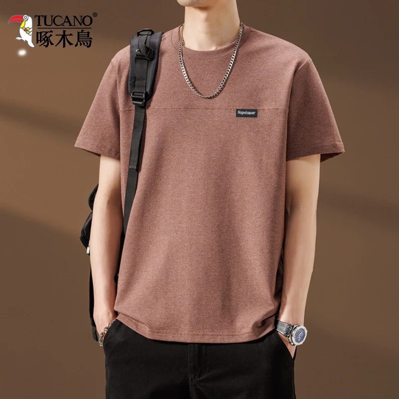 啄木鸟菠萝纹圆领短袖T恤男2025夏季新款男士百搭休闲宽松体恤衫