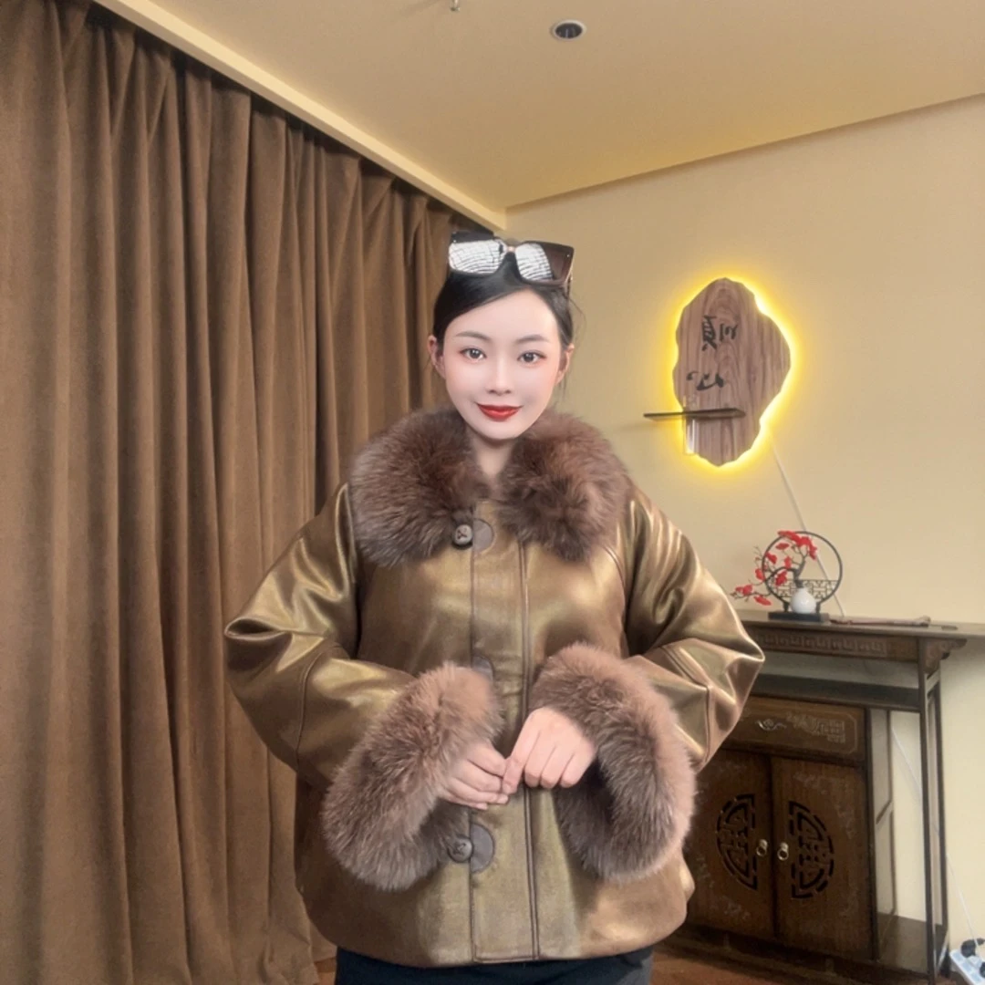 青根貂皮毛一体大毛领冬季保暖长款高端外套7-8556款