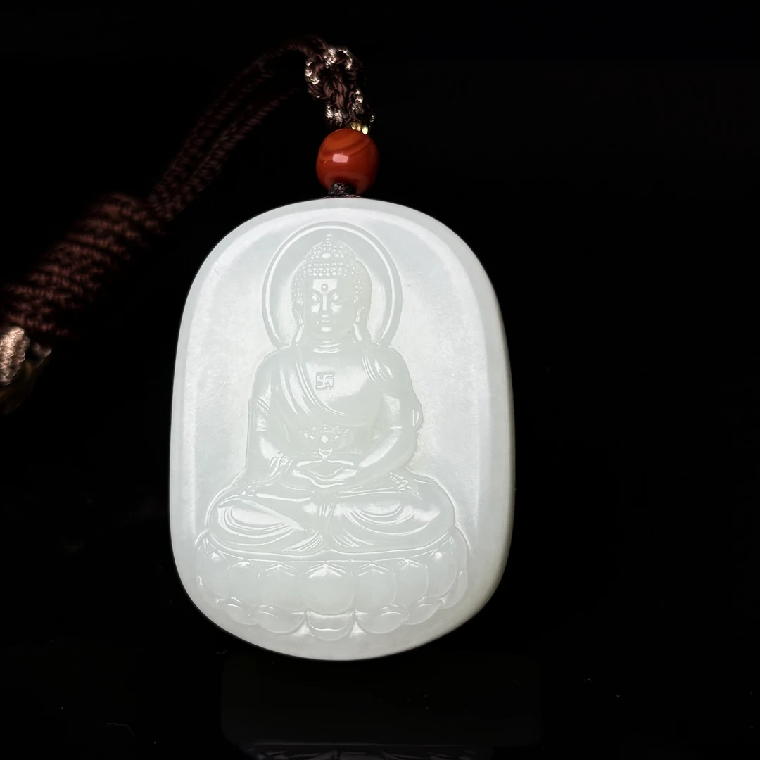 712100#和田玉新疆羊脂白玉大日如来精雕无事牌吊坠 百搭时尚经典