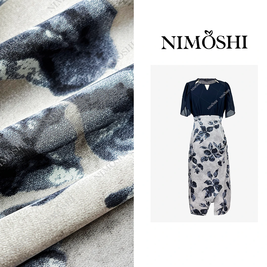 NIMOSHI莎莎新款水墨晕染碎花高腰蕾丝定制气质显瘦连衣裙Q1973