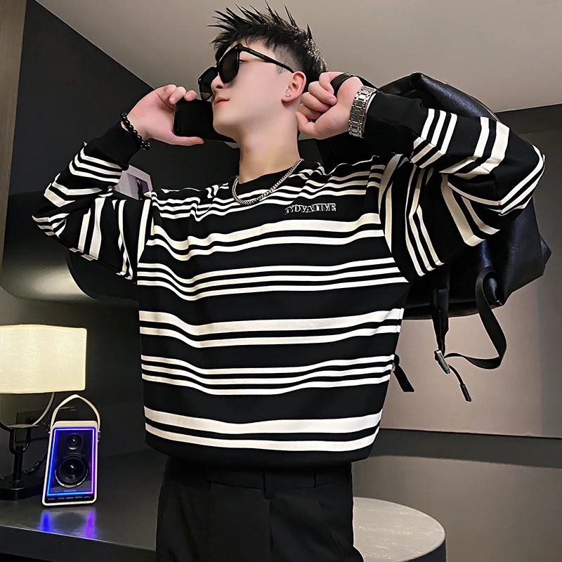 条纹卫衣男士春秋款高级感潮牌百搭圆领长袖T恤男生上衣痞帅外套