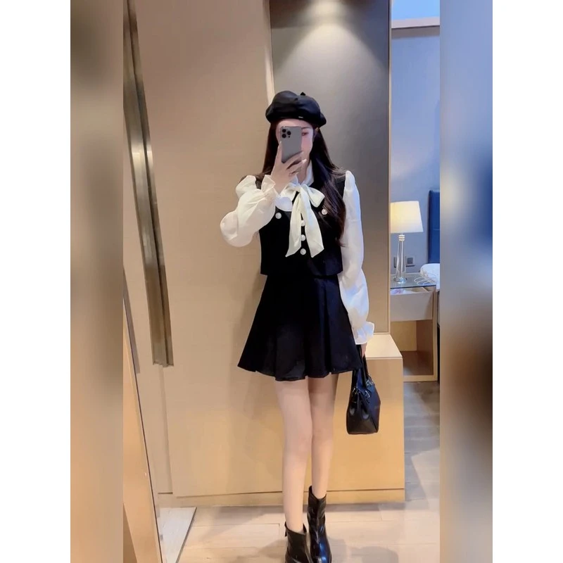 小个子名媛时尚气质小香风蝴蝶结欧根纱拼接上衣百褶裙减龄两件A