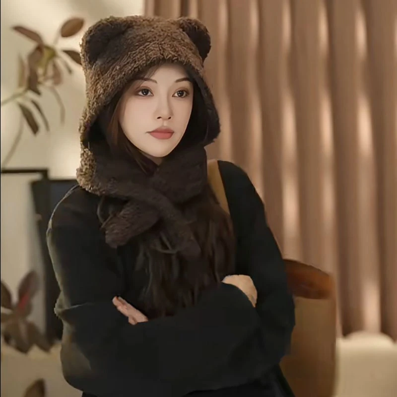 【一秋妈】小熊针织帽子保暖大头围毛线帽子围巾一体连帽围脖护耳帽