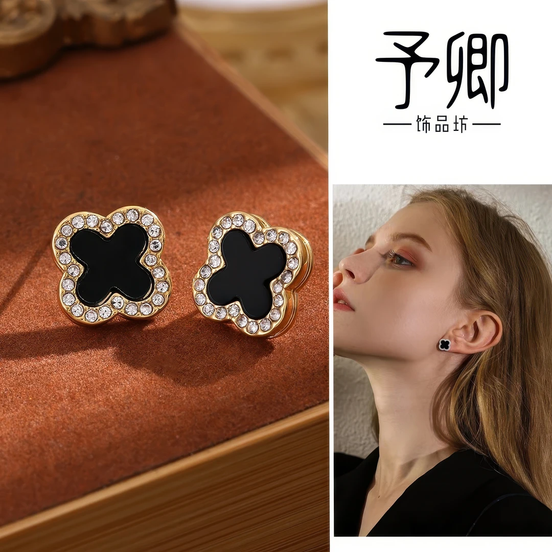 铜合金锆石耳饰 幸运四叶草精致风黑色s925银耳钉小众时尚清冷风