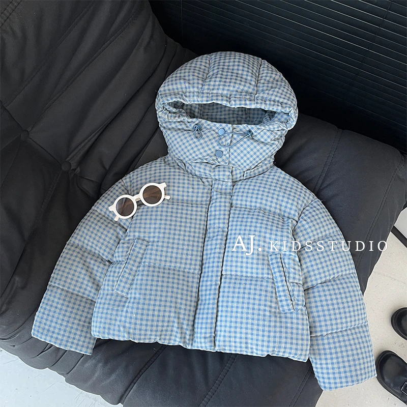 冬装韩版儿童时尚蓝格纹休闲保暖日常连帽棉服MPG5463