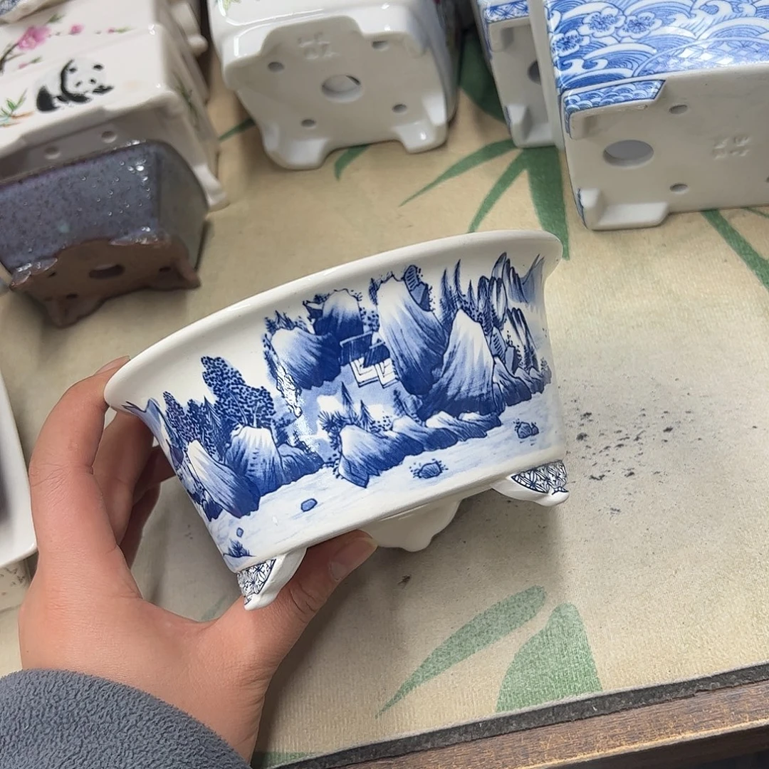 紫砂花盆408号瑕疵15/7.5cm仿手绘青花云足山水