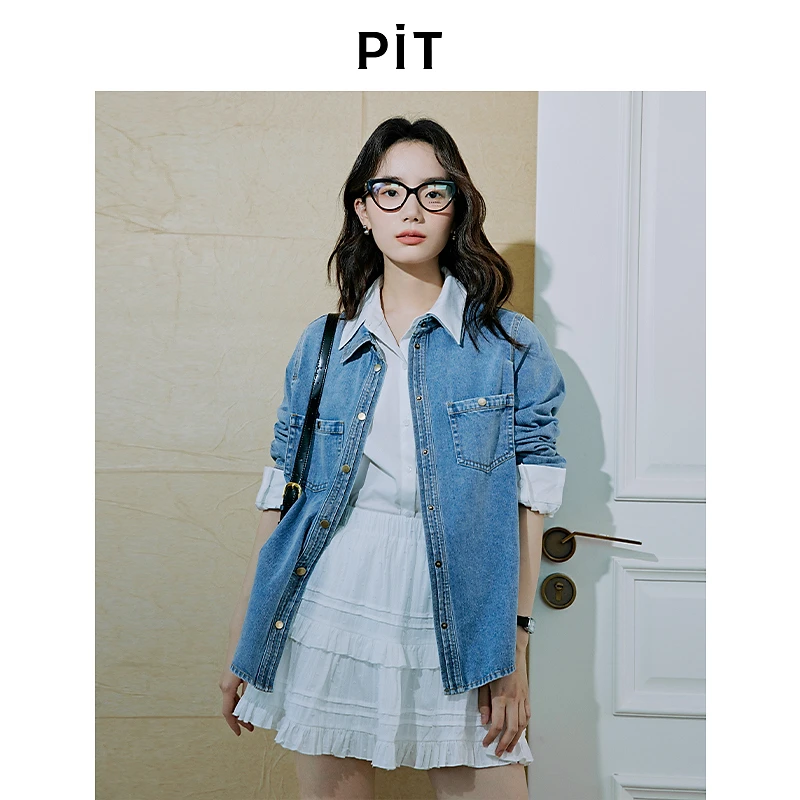 【90s复古丹宁】pit法式显瘦休闲韩系宽松牛仔衬衫女2024秋装新款