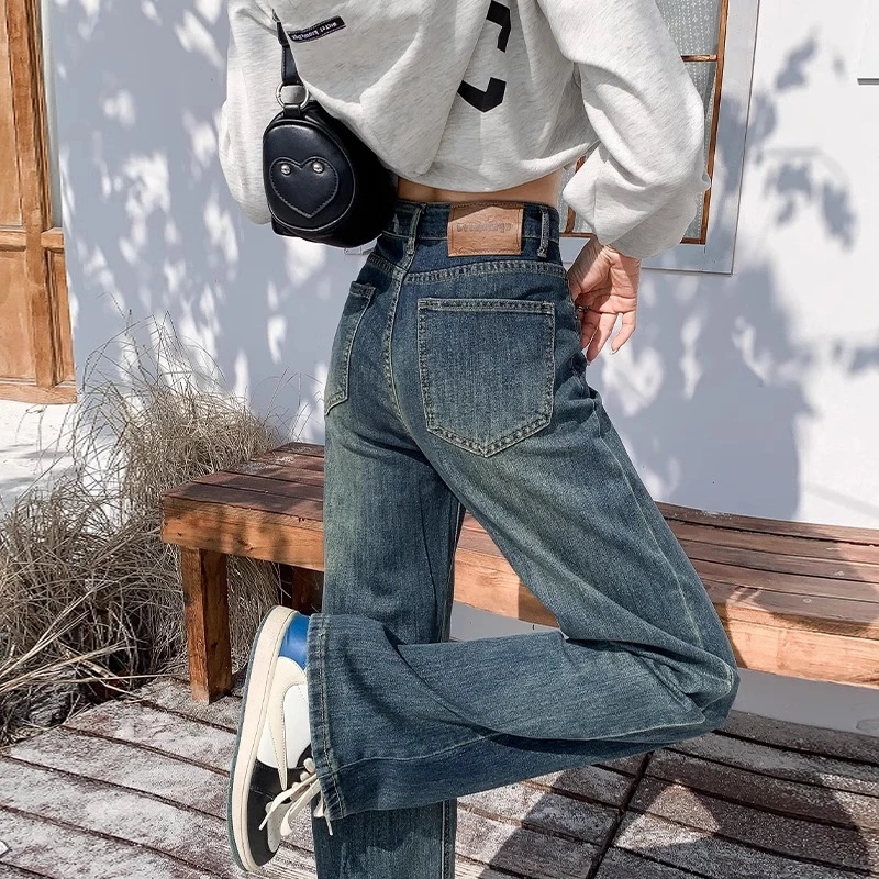 水泥灰直筒弹力牛仔裤女加绒 秋冬新款高腰显瘦宽松窄版阔腿裤子